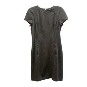 Lauren Ralph Lauren Dress Gray Sheath Back Zip Short Sleeve Pockets Size 8
